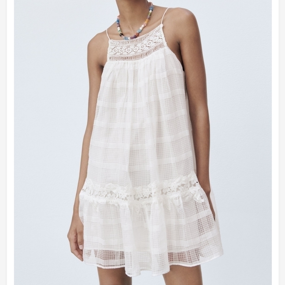New Zara Halter Lace Babydoll Short Mini Dress White NWT Size Small - Picture 4 of 16